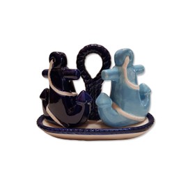 Blue Ceramic Salt and Pepper Shakers on Tray