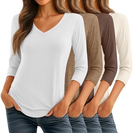 Ficerd 4 Pack Women's 3/4 Sleeve T Shirts, V Neck Casual Tunic Tops Loose Fit Cotton Shirts Solid Color Summer Tees(White, Ivory, Light Coffee, Coffee,Medium)