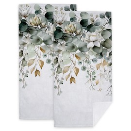 Green Eucalyptus Hand Towels for Kitchen Bathroom 2 Pack Green White Floral Leaves Bath Towels 14.4"x28.3" Soft Absorbent Kitchen Towel for Home Kitchen Bathroom Decor