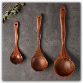 Wooden Ladle Spoon Set, 3 Size Teak Large Soup Ladel Wood Spoons for Cooking Serving Spoon Ladles Wooden Cooking Spoon Long Handle Mixing Spoon Ladle