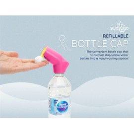 Suds2Go Refillable Caps, 2 Pack - Universal Fit Turns Most Disposable Water Bottles Into A Hand Washing Station - Includes Refillable Soap Reservoir - Conveniently Sized to Take on the Go - Pink