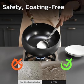 MACTANO Uncoated Iron Pan, Nonstick Wok Hand Forged Iron Pan with Lid Stir Fry Wok Skillet for Cooking - 9.44IN