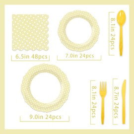 168Pcs Yellow Dot Party Supplies for 24 Guests – 9” & 7” Dotted Paper Plates, Cutlery, Napkins – Disposable Dinnerware Set for Wedding, Baby Shower, Birthday