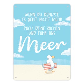 Seagull Metal Sign XL 21 x 28 cm with Saying "Fahr ans Meer Strandliebe Nordlicht - Dein Urlaub im Norden beginnt mit Meer-Feeling Zuhause [German Language]