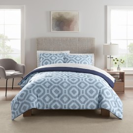 Serta Simply Clean Skyler Soft 7 Piece Geometric Bed in A Bag Complete Bedding Comforter Set with Sheets and Pillow Case for All Season, Queen, Blue