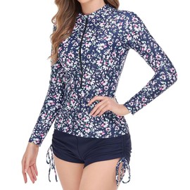 AutoWT Women's Two Pieces Swimsuits, Rash Guard Long Sleeves Zipper Bathing Suit, Sports Surfing Swimwear for Women with Boyshort Bottom