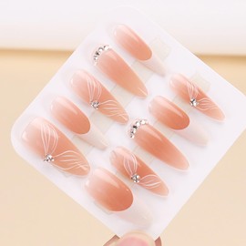 French Tip Press on Nails Long Almond Nude with Rhinestones Reusable False Nails Full Cover Cute Acrylic Stick on Nails Glossy Artificial Fake Nails Glue on Nails for Daily Wear Nails