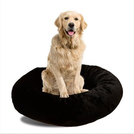 WOOFBOX Calming Dog Bed – Plush Donut Bed for Small, Medium, Large Dogs & Cats, Anti-Anxiety Pet Bed with Anti-Slip Base, Washable Faux Fur, 4 Colors (Black, 36.0’’ L x 36.0’’ W x 9.0’’ TH)