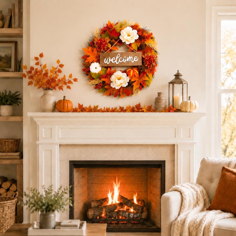 Fall Wreath for Front Door, 24 Inch Artificial Autumn Door