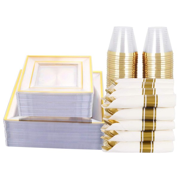 WELLIFE 350 PCS Gold Plastic Square Dinnerware, Disposable Gold Plastic Plates, Includes: 50 Dinner Plates10.25”, 50 Dessert Plates7.5”, 50 Cups 9 OZ, 50 Pre Rolled Napkins with Cutlery