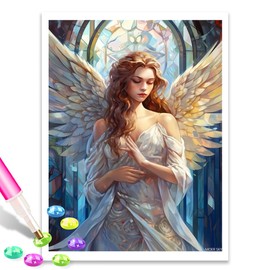 DIY Diamond Painting Kit Light Stained Glass Angel Diamond Painting, 5D Full Round Diamond Diamond Art Painting for Adults with Accessories, Wall Decor Gift 12x16 Inch