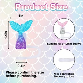 JarThenaAMCS 6Pcs Mermaid Straw Cover Caps Diamond Ocean Silicone Reusable Straws Topper Pink Purple Blue 10 mm/0.4 Inch Straw Tip Lid Protectors for 30/40 OZ Tumbler Cups Accessories