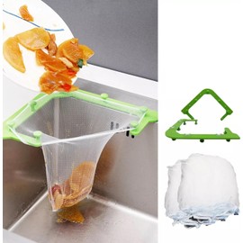 Kitchen Sink Waste Bags - 50 Disposable Mesh Bags with Green Corner Holder - Waste Filter for Food, Residue and Trash 70180