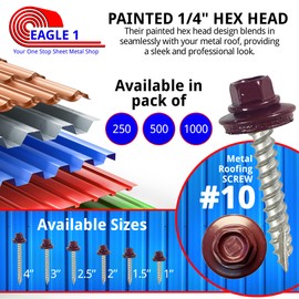 EAGLE 1 Metal Roofing Screws #10 - Painted Hex Head Self-Tapping Screws with EDPM Rubber Washer for Metal to Wood, Vinyl, Small Sheet Metal - Free Magnetic Driver (Burgundy, 1.5 Inch, 500)