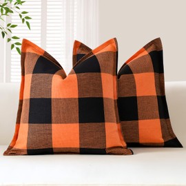 Sungeek Set of 2 Buffalo Plaid Tartan Cushion Covers, Decorative Cushion Covers, Checked Cushion Cover, Decorative Cushion Cover for Sofa, Bedroom, Living Room, 50 x 50 cm (Black + Orange)