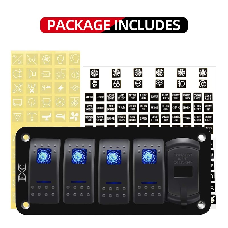 Purishion 4 Gang Rocker Switch Aluminum Panel with Voltmeter &