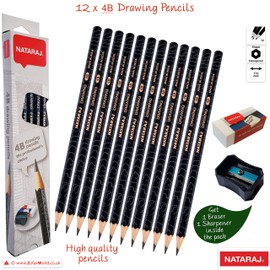 NATARAJ Professional Artist Drawing Pencils Pack Draw Sketch Tone Shade Write (12 x 4B Grade Pencils + Sharpener + Eraser + 1 x ZOFAX Black Pen)