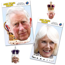 TWIN PACK - 2 x Two Part King Charles III & Camilla Queen Consort with Coronation Crown Mask Pack - Celebrity Face Mask - Ready To Wear - Great Charles The 3rd 2023 Coronation Souvenir
