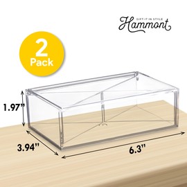 Hammont Clear Acrylic Box with Hinged Lid – Small Plastic Organizer for Office, Desk, Makeup, Crafts, Cotton Balls, Jewelry & More | 6.5''x4''x2'' (2 Pack)