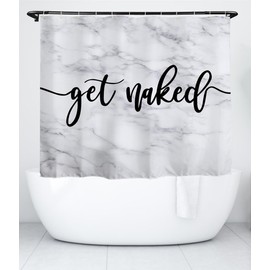 goodbath Marble Shower Curtain Short, Get Naked Waterproof Bathroom Curtains Anti Mould Fabric Bath Curtains, 180cm x 150cm drop, White Black