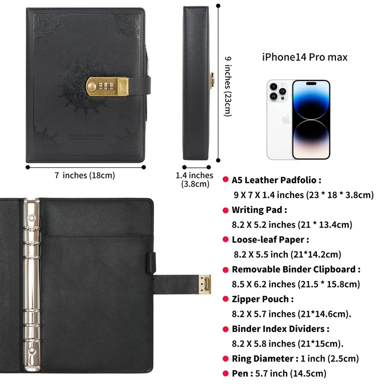 WASON Journal with Lock A5 Binder Diary Ruled Spiral Notebook