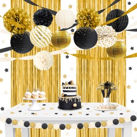 NICROLANDEE Black Gold Party Decorations, 22 PCS Gold Metallic Foil Fringe Backdrop Curtains Paper Lanterns Tissue Pom Poms Decor for New Years Eve Party 2025, Christmas, Wedding, Birthday, Graduation