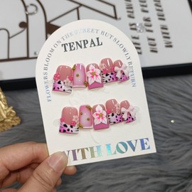 TENPAL 10Pcs Ballerina Press On Nails With Tools,Animal Print Flushed French Tips Glue on Nail with Gold Beads,3D Bow Flowers Designs Fake Nails,Glitter Sweet Punk Acrylic Duckbill Coffin Nails(S)