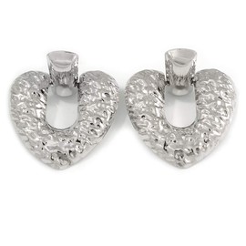 Large Hammered Heart Drop Clip On Earrings/Silver Tone/60mm L