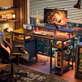 Furologee 51" Gaming Desk with Power Outlets & LED Lights, Reversible Computer Desk with File Cabinet & Monitor Stand for Home Office, Large Work Table with Storage Shelves & Drawer, Black