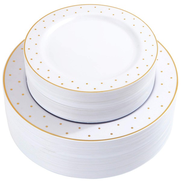 supernal 102pcs Gold Plastic Plates, Gold Rim Plates with Gold Point Design, Party Plastic Plates, Gold Dinnerware Suit for Wedding Includes: 51 Dinner Plates 10.25" and 51 Dessert Plates 7.25"