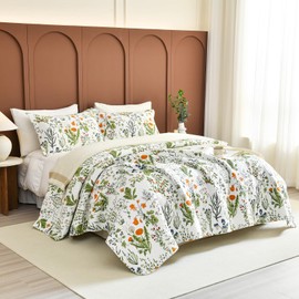 QSH 100% Cotton Floral Quilt Queen Set (90"x98") Yellow Flowers Leaves Plants Pattern Botanical Printed Bedspread Bedding, 3Pcs Soft Lightweight Quilt Coverlet Queen for All Seasons