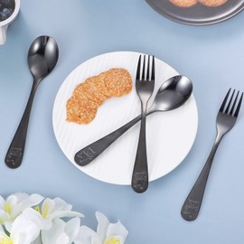 6 Pieces Kids Silverware Stainless Steel Toddler and Child Utensils, Childrens Safe Forks and Spoons Metal Cutlery Set, Engraved Bear, Black