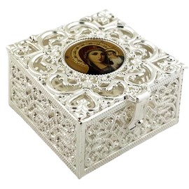Needzo Small Virgin of Kazan Icon Keepsake Box, Catholic Orthodox Jewelry Case, Religious Gifts, 1 ¾ Inches, Rosary Not Included