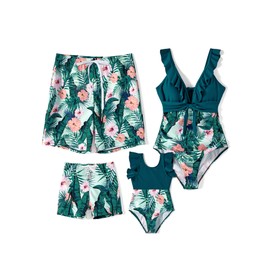 PATPAT - Traje de baño familiar a juego para mamá y mí de una sola pieza con tirantes y volantes, Aqua Deep Green, XX-Large