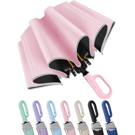 Seniny Travel Umbrella with Carabiner Handle, Windproof Large Umbrellas for Rain with Dual-Rib Structure, Portable Compact Umbrella with Reflective Strip, Car Backpack UV Umbrellas for Sun Protection