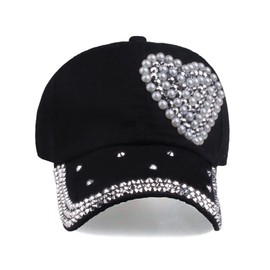 Gorra de béisbol brillante para mujer, diseño de corazón, ajustable, cómoda, a la moda, con diseño de calavera de metal brillante para exteriores, Azul oscuro, Talla única