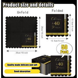 SietDESEO 50 PCS 3-ply 40th Birthday Scalloped Napkins Disposable 5 x 5 Inches Cheers to 40 Years Paper Napkins Black and Gold Cocktail Napkins for Birthday Anniversary Party Supplies Beverage Napkins