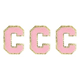 sourcing map Chenille Letters C Patches Large Size 80mm/3.15 Inch Iron-on Letters C Patches Golden Glitter Embroidered Patches for Clothing, Shoes, Hats, Backpacks Pack of 3(Pink)