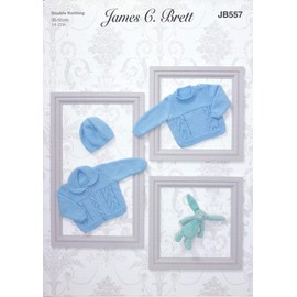 James Brett Double Knit Knitting Pattern Baby Cardigan Sweater & Hat Innocence DK (JB557)