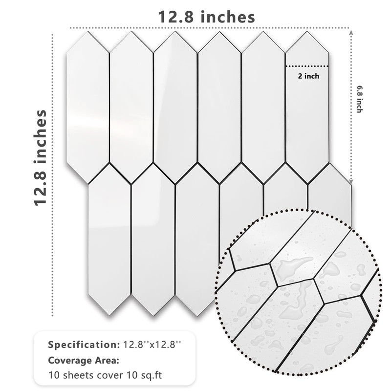 Vamos Tile Glossy White Backsplash Tile Peel and Stick, 12.8
