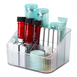 OSteed Organizador de maquillaje transparente, soporte para brochas de maquillaje, 5 tazas para cambiador, organizador de encimera de baño, organizador de cambiador para exhibiciones de cosméticos,