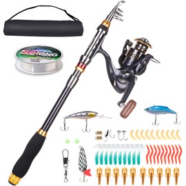 LineRike Fishing Pole, Carbon Fiber Fishing Rod & Reel Combos with Spinning Reel, Line, Lure, Hooks, Carrier Bag Portable Travel Fishing Rod for Kids Adults Women Men Beginner Saltwater Freshwater