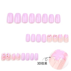 Glossy Pink 3D Flower Press on Nails Medium Square Fake Nails Cute Floral Glue on Nails Full Cover Stick on Nails French Tip Design Acrylic False Nails Summer Artificial Nails for Women 24Pcs