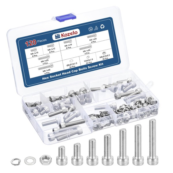 Kozelo 120pcs M6 Socket Head Cap Screws Bolts Nuts Assortment