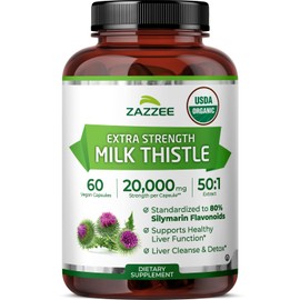 Zazzee USDA Organic Milk Thistle 50:1 Extract, 80% Silymarin Flavonoids, 60 Vegan Capsules, 2 Month Supply, Certified Kosher, Silybum Marianum, Liver Support & Detox Support, All-Natural, Made in USA