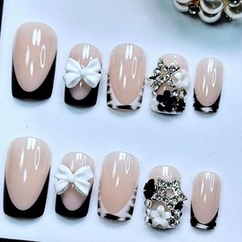 24Pcs Black French Tip Press on Nails Short Square Fake Nails with Zebra Print White Bow Flower Rhinestones Designs Full Cover Artificial Glue on Nails Silver Star False Nails Stick on Nails for Women