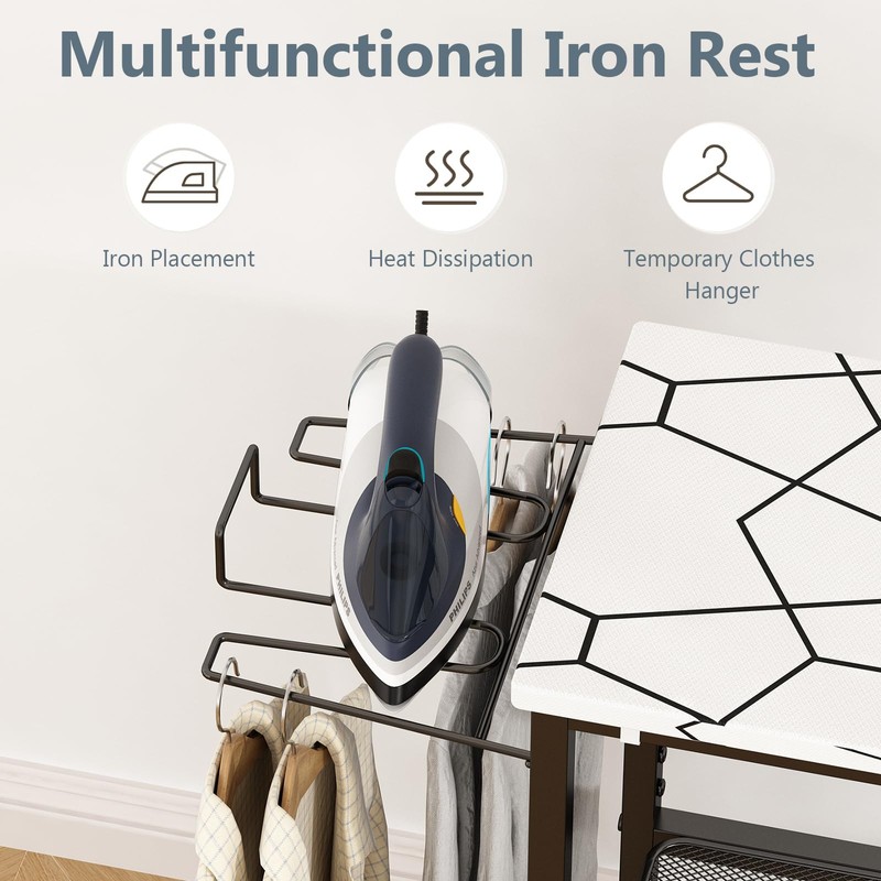 GILLAS Ironing Board with 2 Tier Storage Basket, Movable Ironing