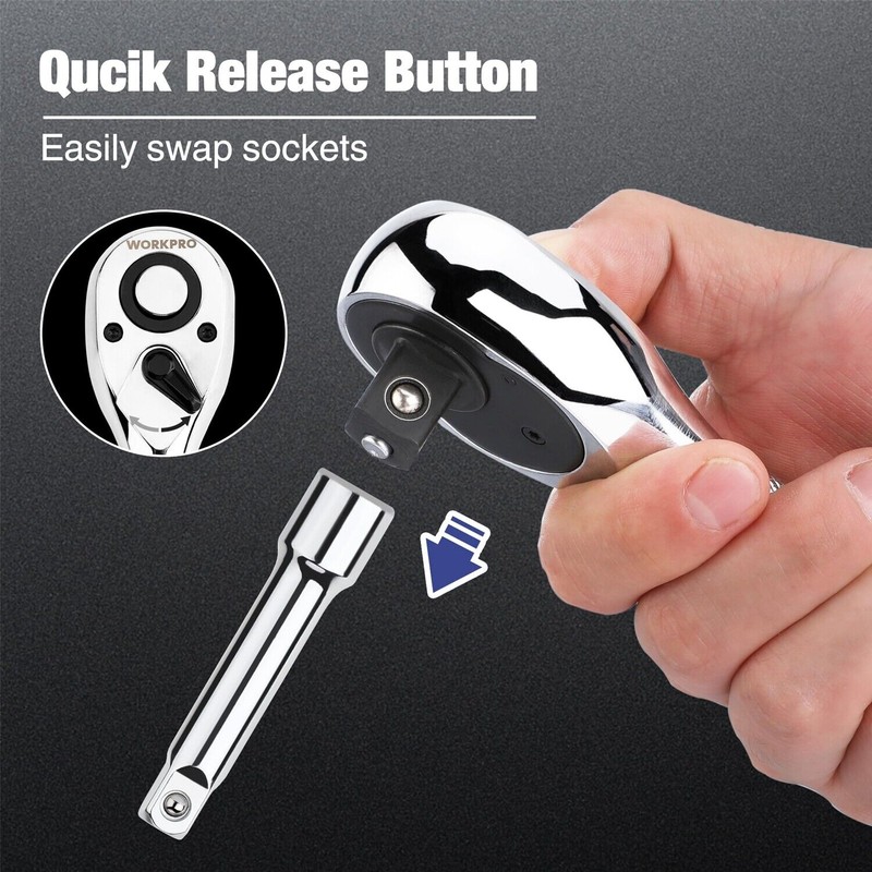 WORKPRO 3PC Stubby Ratchet Set 1/4" 3/8" 1/2" Drive Ratchet