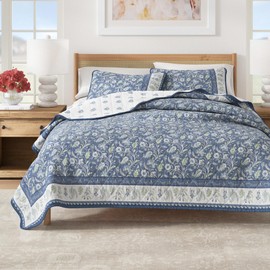 Great Bay Home Twin/Twin XL 100% Cotton Quilt Set with Shams - Boho Blue Floral Prints - Lightweight, Breathable, All-Season Bedding - 2-Piece Twin Bed Set (Regal Garden - Blue)