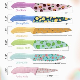 HAUSHOF Kitchen Knife Set, 12-Piece Colorful Knives Set with 6 Sheaths, Non-Stick Coated Stainless Steel Fruit Pattern Blades for Slicing, Dicing&Cutting, Gifts Knife Set for Dad, Mom